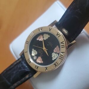 Black Hills Gold Wrist Watch w/ Gold Leaves/ Black Leather Band. 